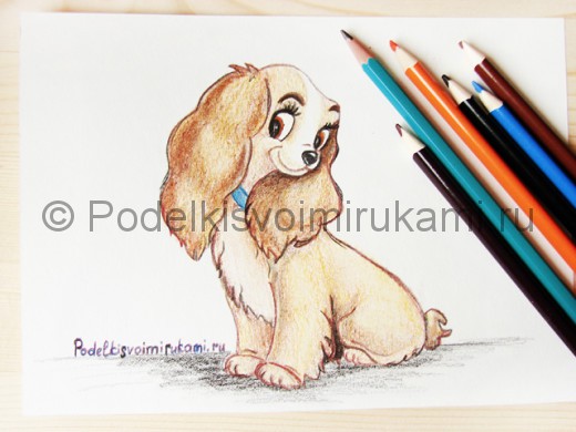 Рисунок собаки цветными карандашами.